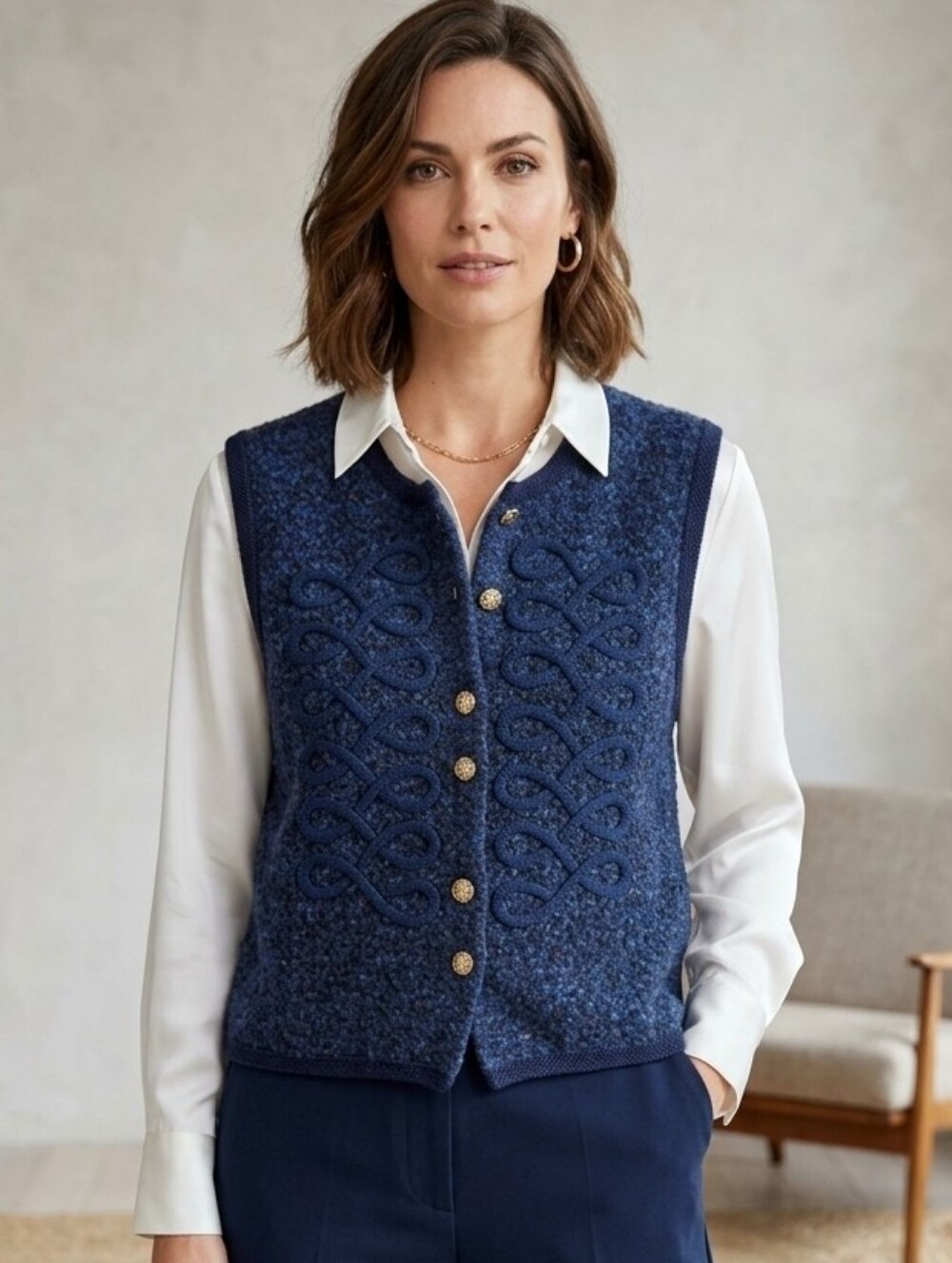Vintage 90 Moda Navy Textured Knit Wool Vest Grandmacore Whimsigoth Cozy Chic 12